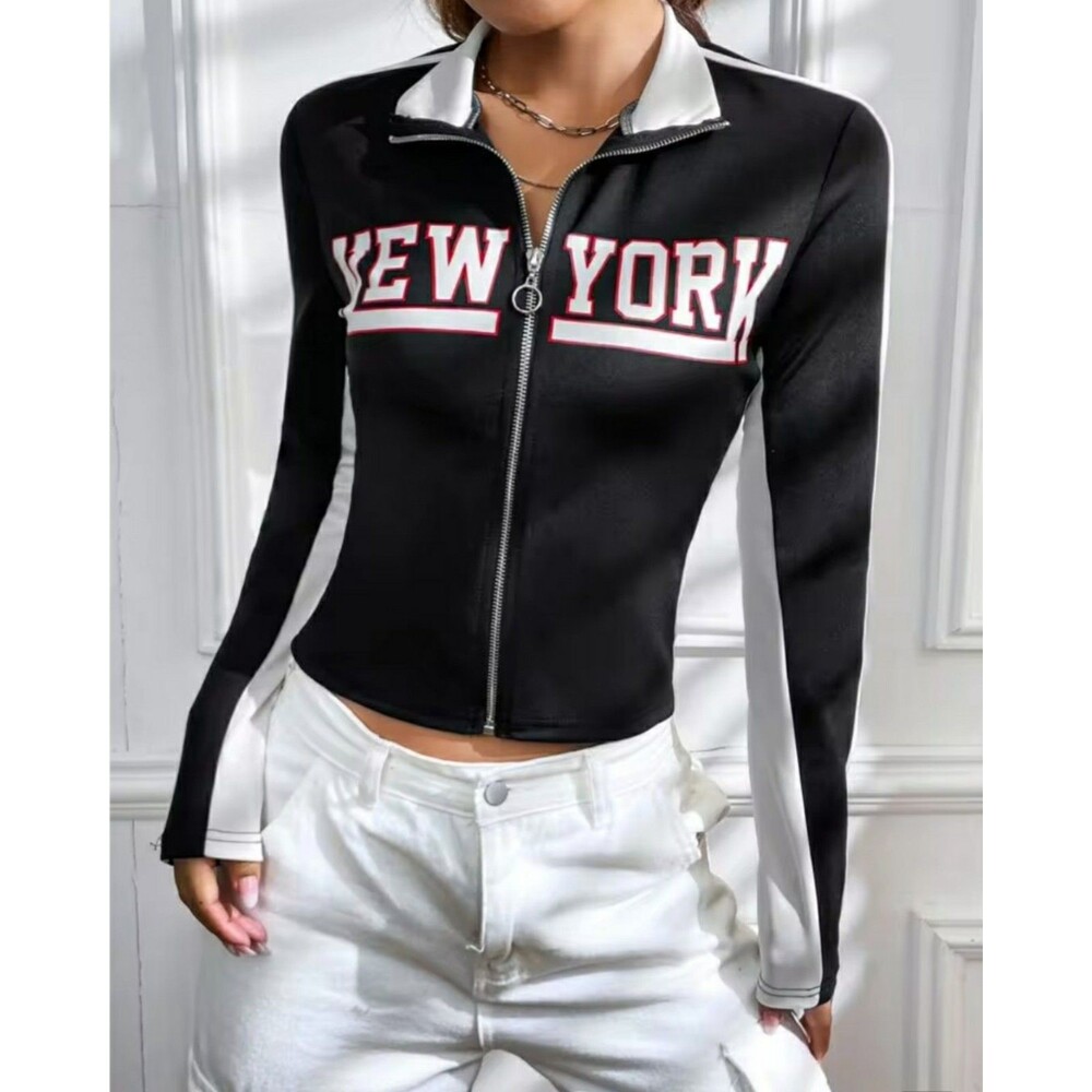 SHEIN Coolane Bikercore Letter Graphic Zip Up Crop Jacket Lg ZZZ Shoulder-hem20"